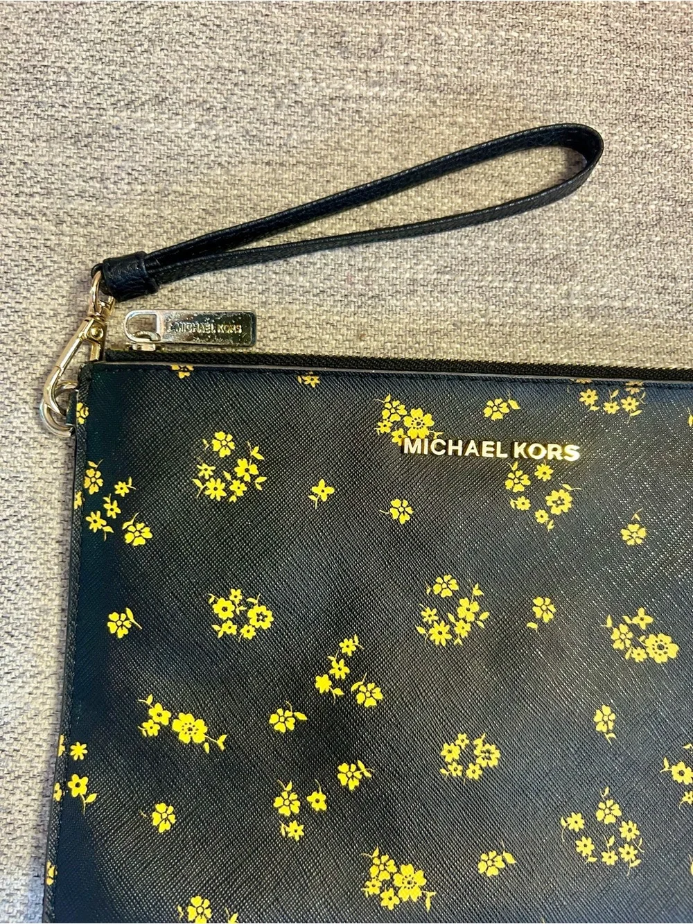 Michael Kors Jet Set Travel Black Wristlet Pouch with Yellow Floral Accents